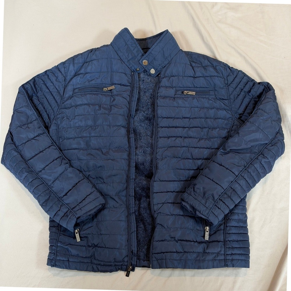 Ferrato Quilted Puffer Jacket Mens M Navy Blue Fleece Lined Zip Up Coat